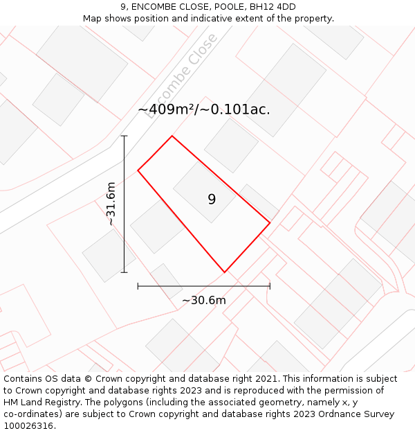 9, ENCOMBE CLOSE, POOLE, BH12 4DD: Plot and title map