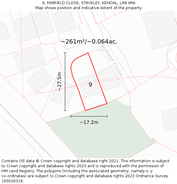 9, FAIRFIELD CLOSE, STAVELEY, KENDAL, LA8 9RA: Plot and title map