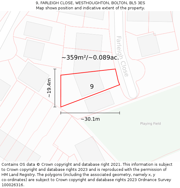 9, FARLEIGH CLOSE, WESTHOUGHTON, BOLTON, BL5 3ES: Plot and title map