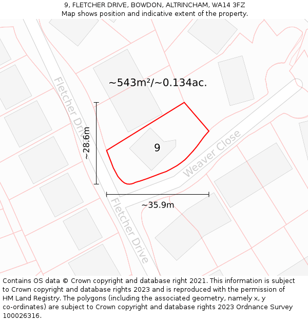 9, FLETCHER DRIVE, BOWDON, ALTRINCHAM, WA14 3FZ: Plot and title map