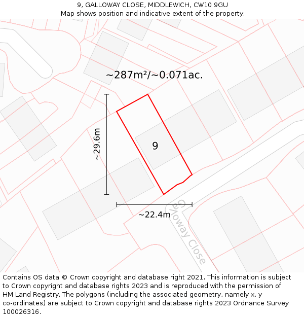 9, GALLOWAY CLOSE, MIDDLEWICH, CW10 9GU: Plot and title map