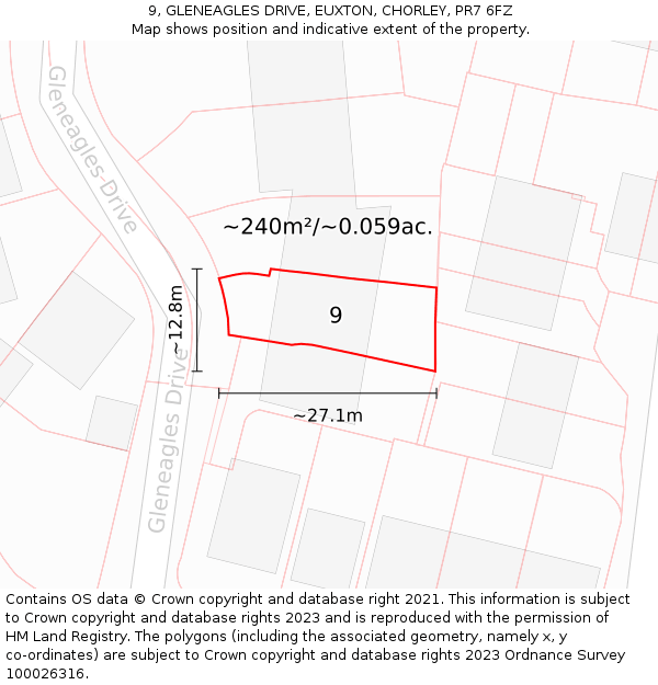 9, GLENEAGLES DRIVE, EUXTON, CHORLEY, PR7 6FZ: Plot and title map