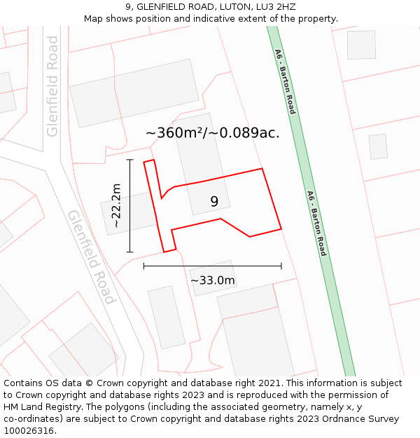 9, GLENFIELD ROAD, LUTON, LU3 2HZ: Plot and title map