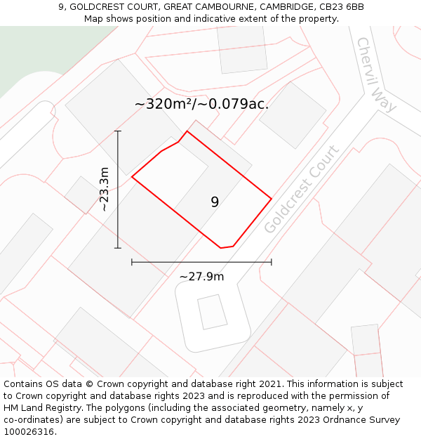 9, GOLDCREST COURT, GREAT CAMBOURNE, CAMBRIDGE, CB23 6BB: Plot and title map