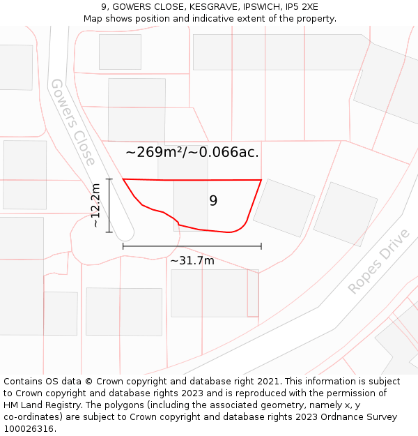 9, GOWERS CLOSE, KESGRAVE, IPSWICH, IP5 2XE: Plot and title map