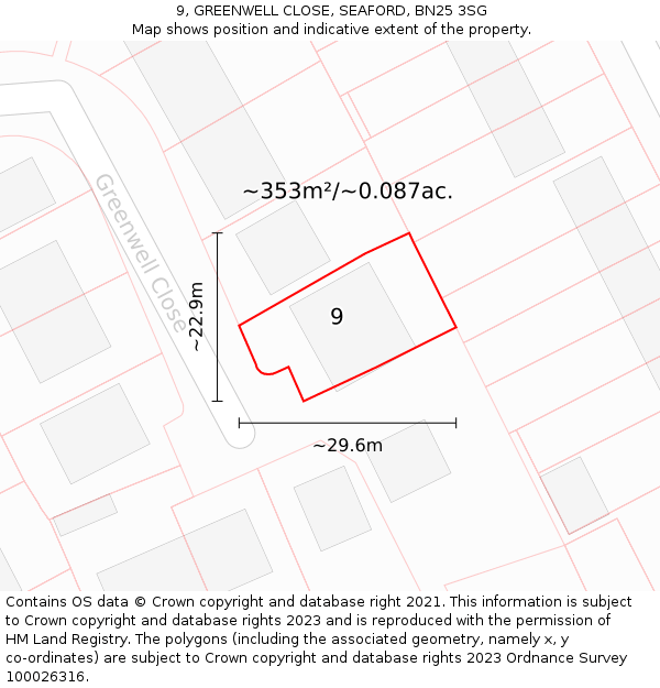 9, GREENWELL CLOSE, SEAFORD, BN25 3SG: Plot and title map