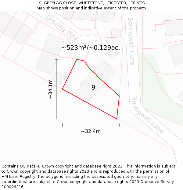 9, GREYLAG CLOSE, WHETSTONE, LEICESTER, LE8 6ZS: Plot and title map