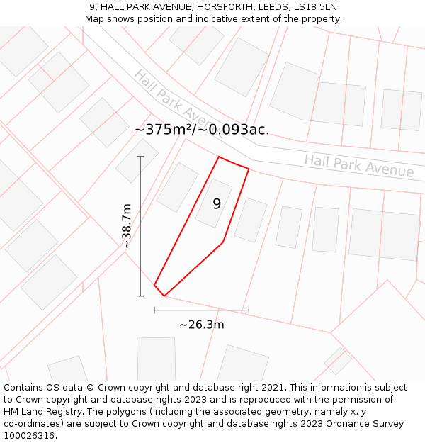 9, HALL PARK AVENUE, HORSFORTH, LEEDS, LS18 5LN: Plot and title map