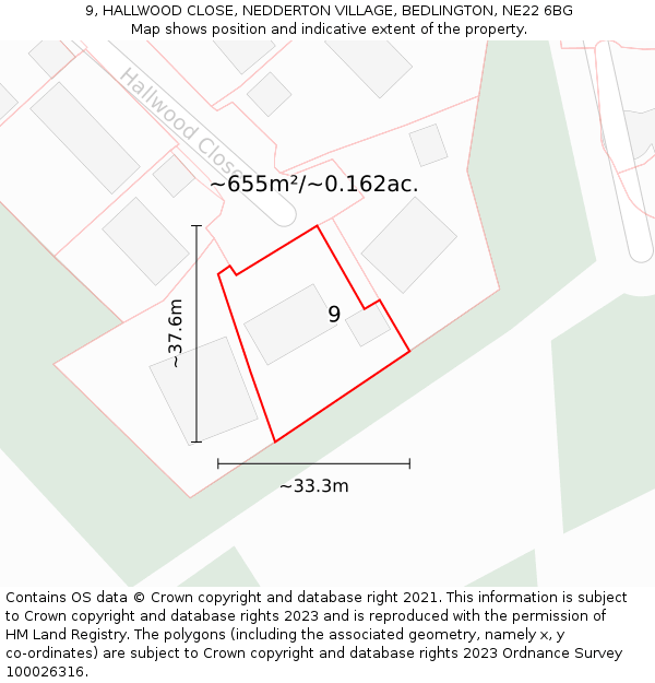 9, HALLWOOD CLOSE, NEDDERTON VILLAGE, BEDLINGTON, NE22 6BG: Plot and title map