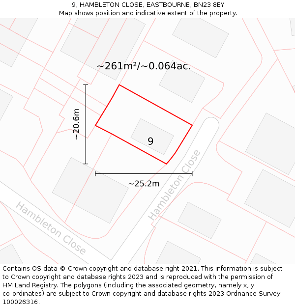 9, HAMBLETON CLOSE, EASTBOURNE, BN23 8EY: Plot and title map