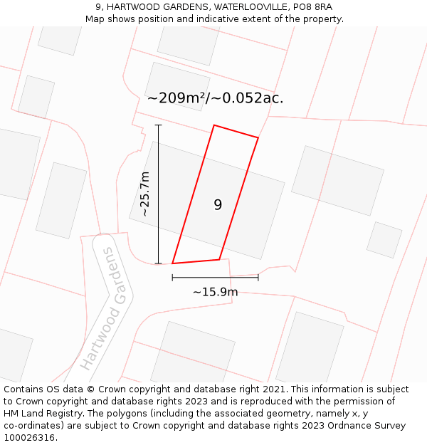 9, HARTWOOD GARDENS, WATERLOOVILLE, PO8 8RA: Plot and title map