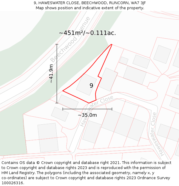 9, HAWESWATER CLOSE, BEECHWOOD, RUNCORN, WA7 3JF: Plot and title map