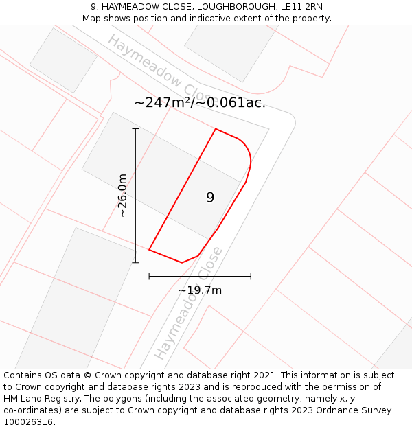 9, HAYMEADOW CLOSE, LOUGHBOROUGH, LE11 2RN: Plot and title map