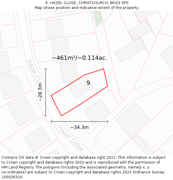 9, HAZEL CLOSE, CHRISTCHURCH, BH23 4PS: Plot and title map