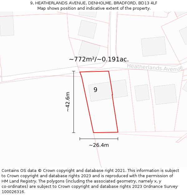 9, HEATHERLANDS AVENUE, DENHOLME, BRADFORD, BD13 4LF: Plot and title map