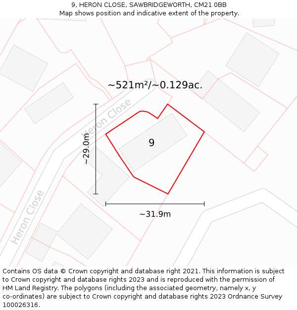 9, HERON CLOSE, SAWBRIDGEWORTH, CM21 0BB: Plot and title map