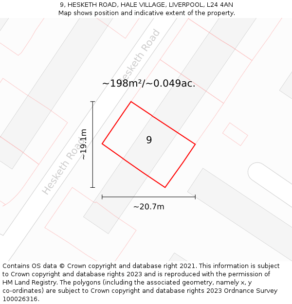 9, HESKETH ROAD, HALE VILLAGE, LIVERPOOL, L24 4AN: Plot and title map