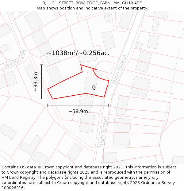 9, HIGH STREET, ROWLEDGE, FARNHAM, GU10 4BS: Plot and title map