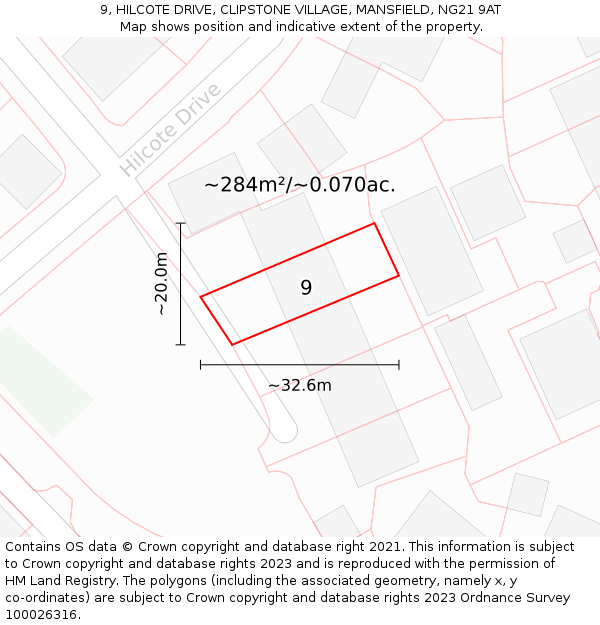 9, HILCOTE DRIVE, CLIPSTONE VILLAGE, MANSFIELD, NG21 9AT: Plot and title map