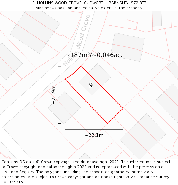 9, HOLLINS WOOD GROVE, CUDWORTH, BARNSLEY, S72 8TB: Plot and title map