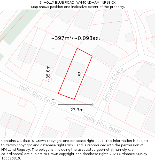 9, HOLLY BLUE ROAD, WYMONDHAM, NR18 0XJ: Plot and title map