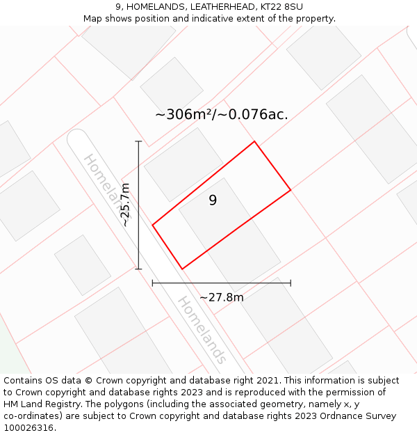 9, HOMELANDS, LEATHERHEAD, KT22 8SU: Plot and title map