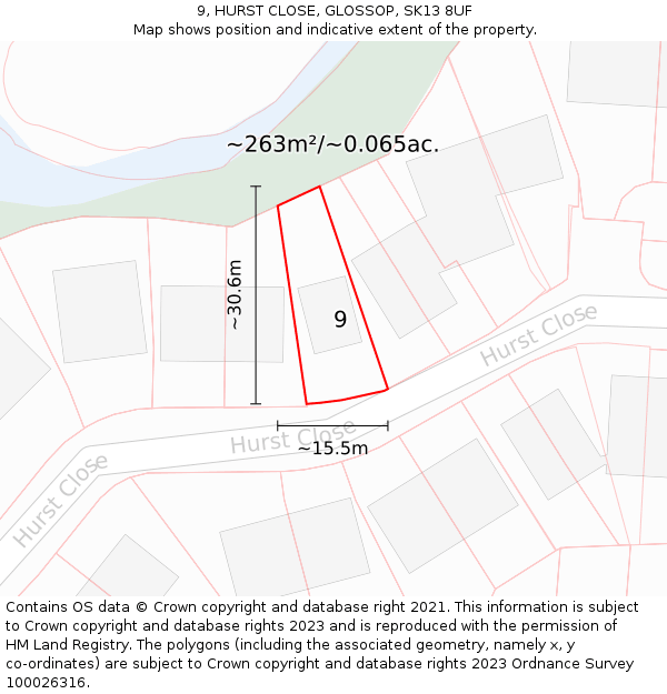 9, HURST CLOSE, GLOSSOP, SK13 8UF: Plot and title map