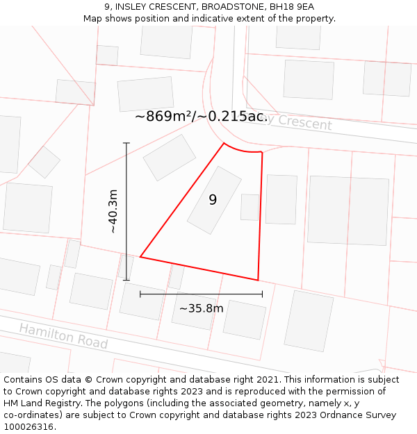 9, INSLEY CRESCENT, BROADSTONE, BH18 9EA: Plot and title map