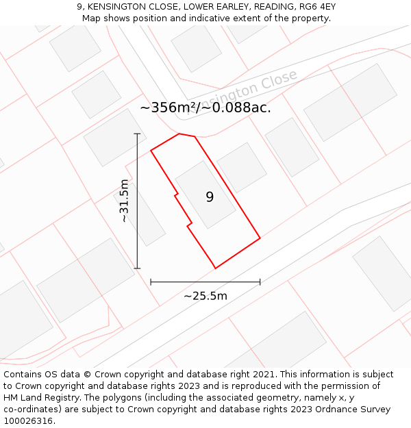 9, KENSINGTON CLOSE, LOWER EARLEY, READING, RG6 4EY: Plot and title map