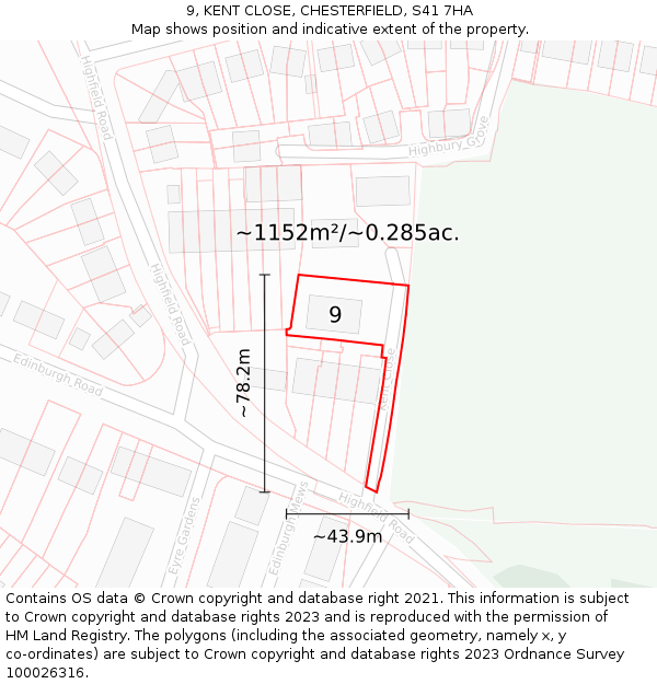 9, KENT CLOSE, CHESTERFIELD, S41 7HA: Plot and title map