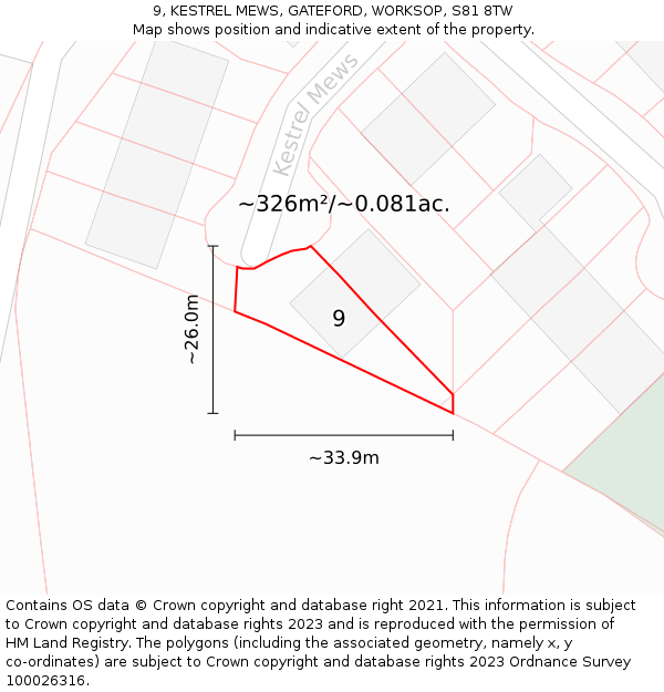 9, KESTREL MEWS, GATEFORD, WORKSOP, S81 8TW: Plot and title map