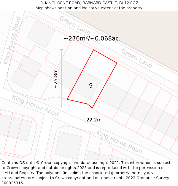 9, KINGHORNE ROAD, BARNARD CASTLE, DL12 8GZ: Plot and title map