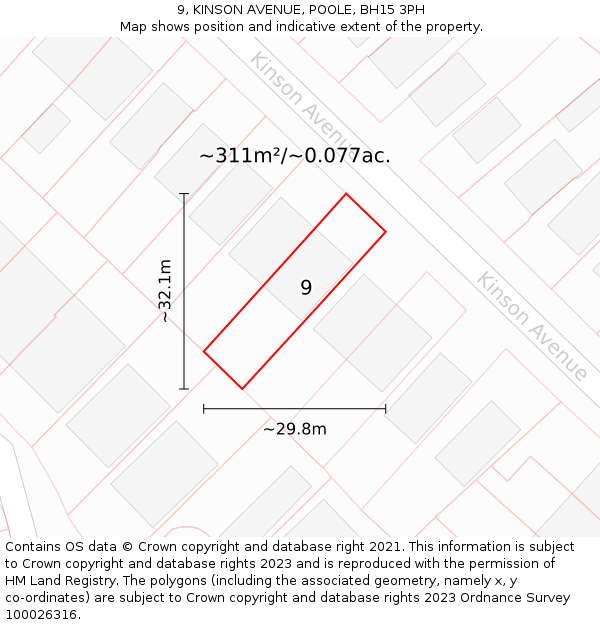 9, KINSON AVENUE, POOLE, BH15 3PH: Plot and title map