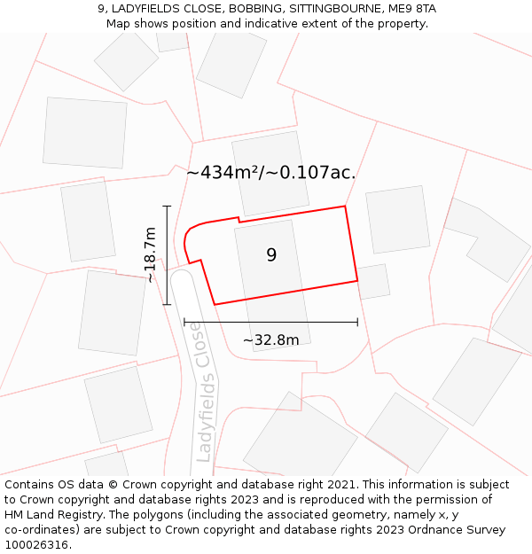 9, LADYFIELDS CLOSE, BOBBING, SITTINGBOURNE, ME9 8TA: Plot and title map