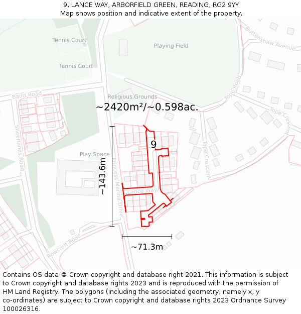 9, LANCE WAY, ARBORFIELD GREEN, READING, RG2 9YY: Plot and title map