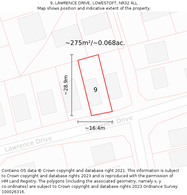 9, LAWRENCE DRIVE, LOWESTOFT, NR32 4LL: Plot and title map