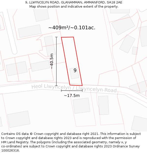 9, LLWYNCELYN ROAD, GLANAMMAN, AMMANFORD, SA18 2AE: Plot and title map