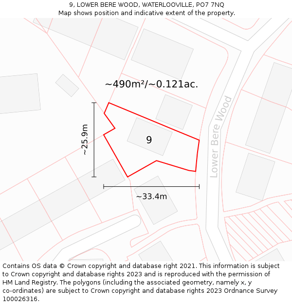 9, LOWER BERE WOOD, WATERLOOVILLE, PO7 7NQ: Plot and title map