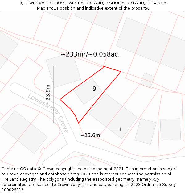9, LOWESWATER GROVE, WEST AUCKLAND, BISHOP AUCKLAND, DL14 9NA: Plot and title map