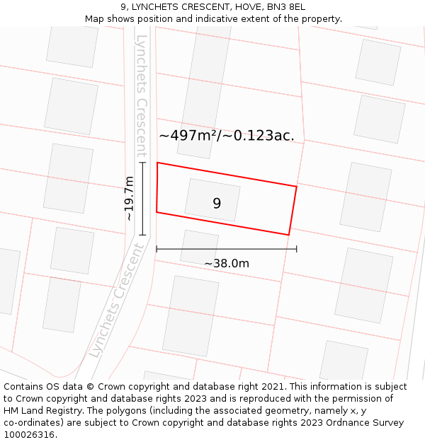 9, LYNCHETS CRESCENT, HOVE, BN3 8EL: Plot and title map