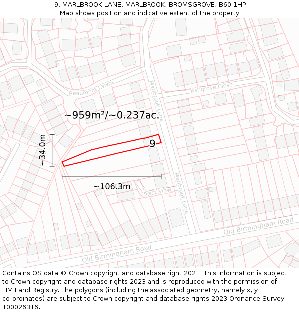 9, MARLBROOK LANE, MARLBROOK, BROMSGROVE, B60 1HP: Plot and title map