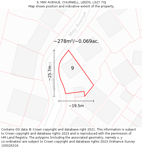 9, MAY AVENUE, CHURWELL, LEEDS, LS27 7GJ: Plot and title map