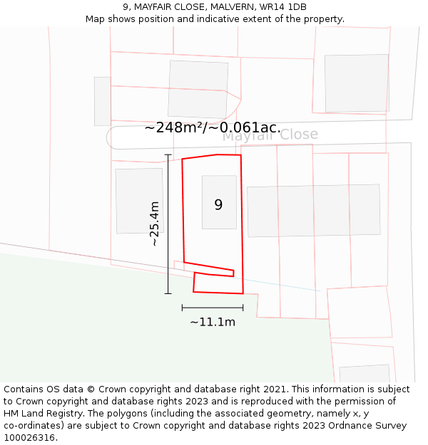 9, MAYFAIR CLOSE, MALVERN, WR14 1DB: Plot and title map