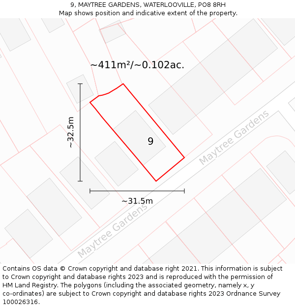 9, MAYTREE GARDENS, WATERLOOVILLE, PO8 8RH: Plot and title map