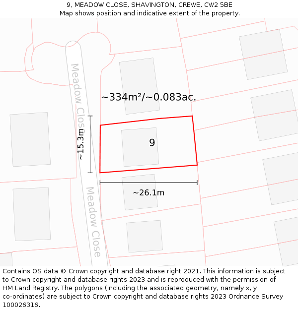 9, MEADOW CLOSE, SHAVINGTON, CREWE, CW2 5BE: Plot and title map