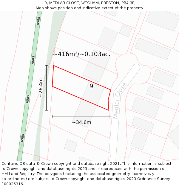 9, MEDLAR CLOSE, WESHAM, PRESTON, PR4 3EJ: Plot and title map