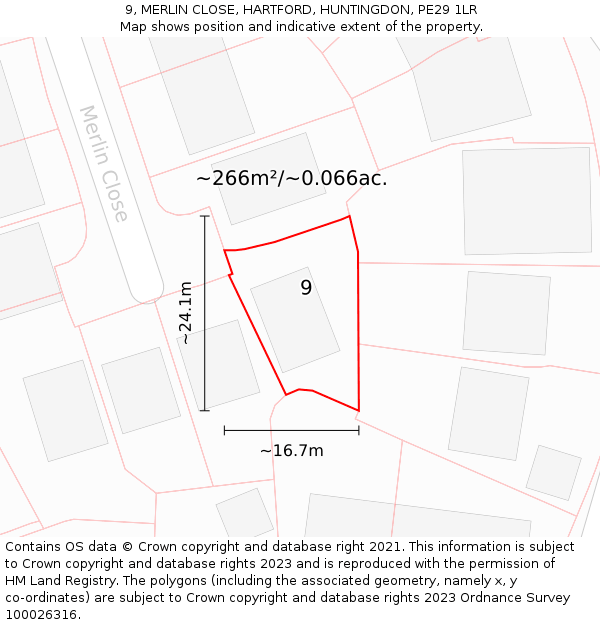 9, MERLIN CLOSE, HARTFORD, HUNTINGDON, PE29 1LR: Plot and title map