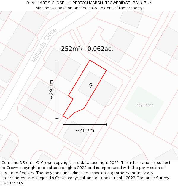 9, MILLARDS CLOSE, HILPERTON MARSH, TROWBRIDGE, BA14 7UN: Plot and title map