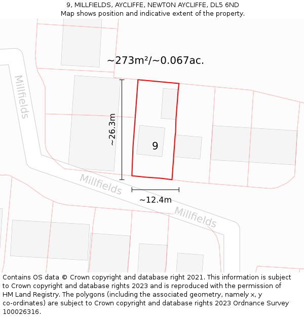 9, MILLFIELDS, AYCLIFFE, NEWTON AYCLIFFE, DL5 6ND: Plot and title map