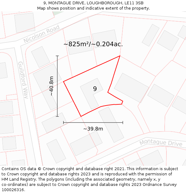 9, MONTAGUE DRIVE, LOUGHBOROUGH, LE11 3SB: Plot and title map